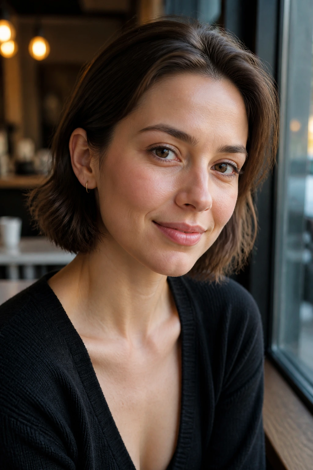 Close-up of a real woman with hair tucked behind ears showing front swept back and soft layers