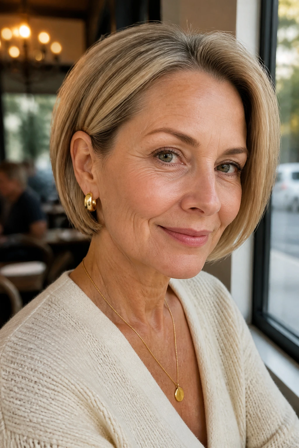 Portrait of a real woman with a tucked-Behind-Ears bob.