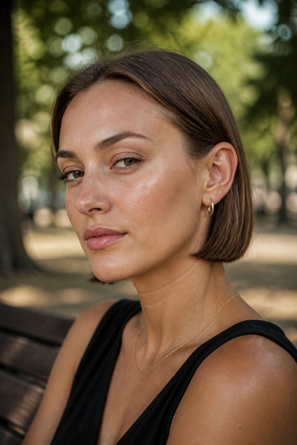 Close-up portrait of a real woman with a tucked-behind-ears bob in outdoor lighting