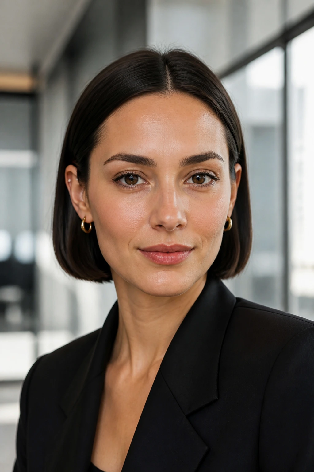 Close-up of a real woman with a tucked-behind-the-ears minimal bob in an office setting