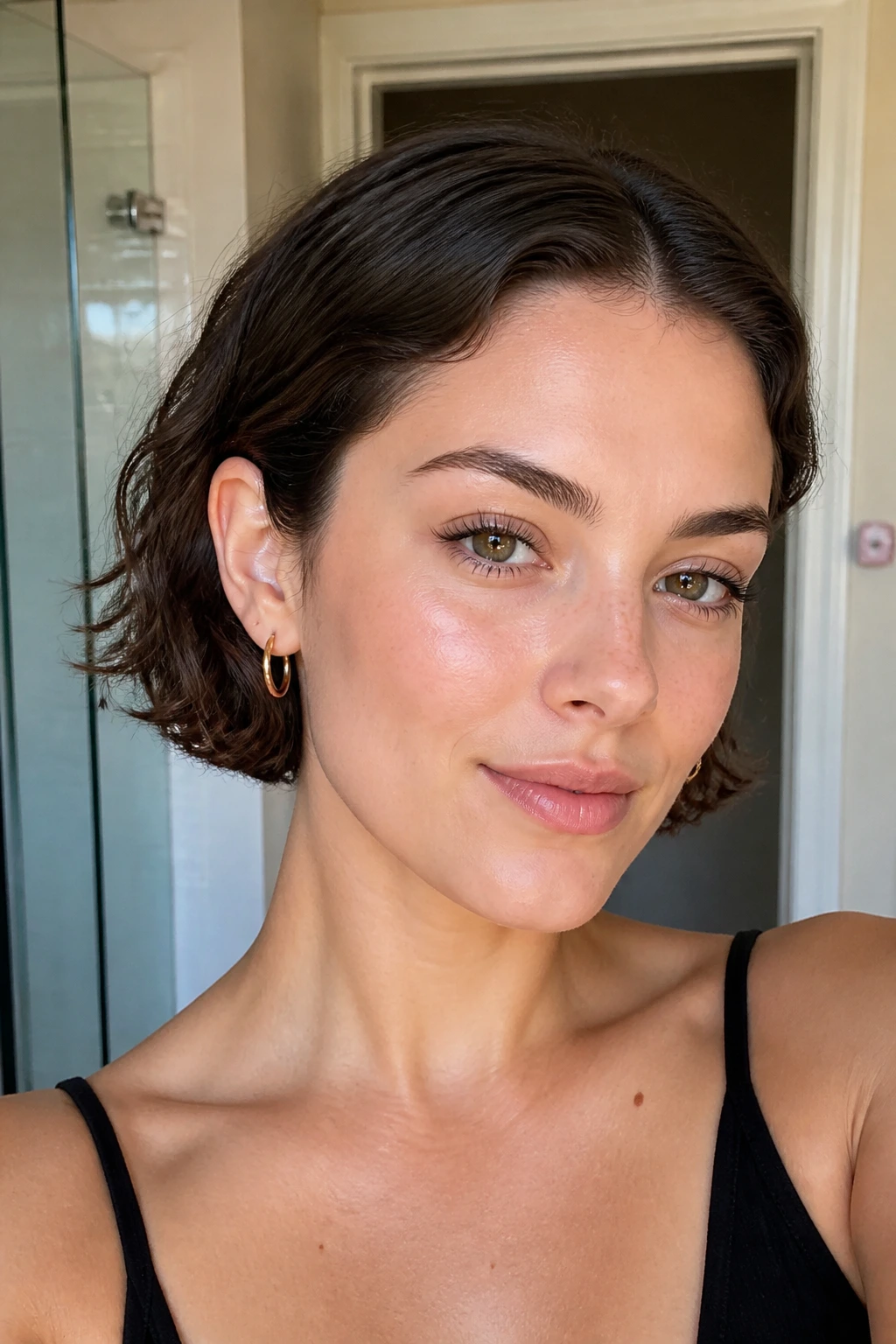 Real woman with a tucked-behind-ears bob highlighting the jawline