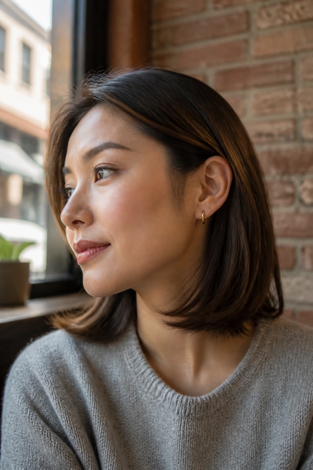 Portrait of a woman with hair tucked behind her ear, showing the curve along the cheek.