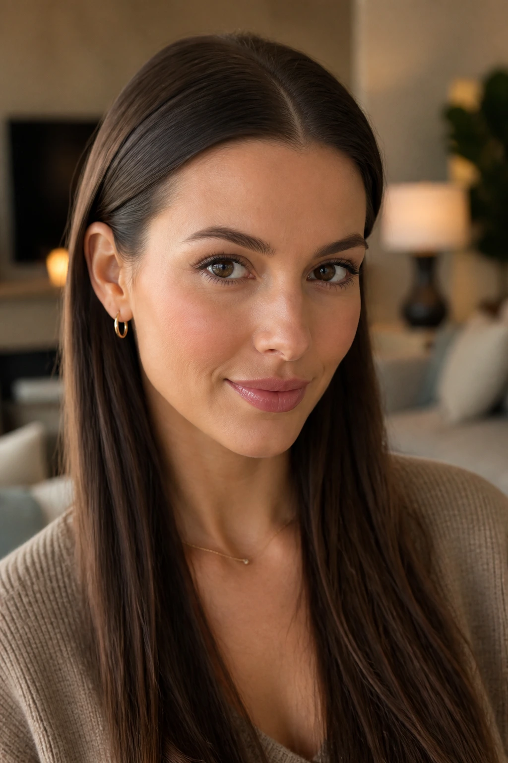 Close-up of a real person with hair tucked behind the ears and neat front pieces.