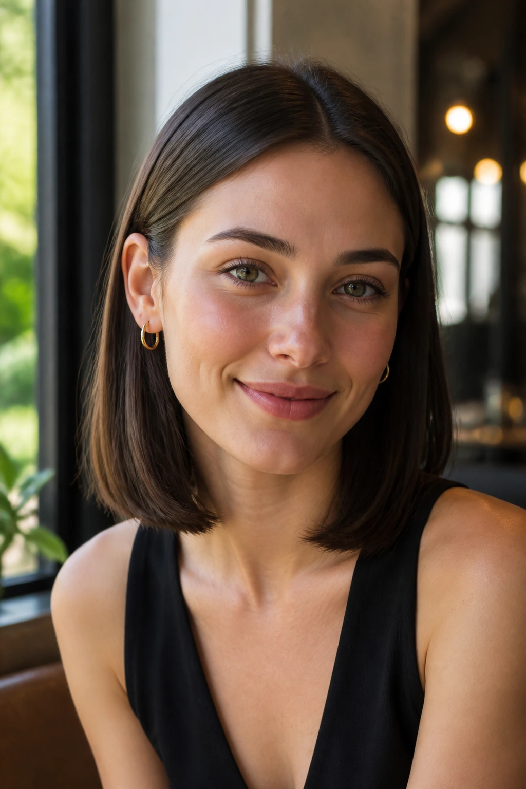 Real person with lob tucked behind ears, cheekbones highlighted