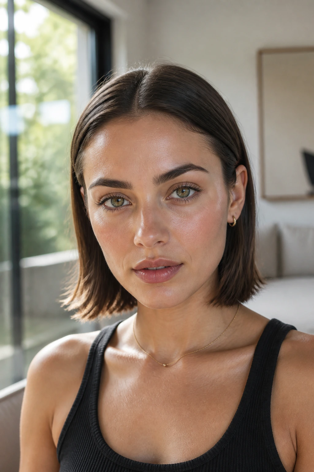 Close-up of a real woman with hair tucked behind ears showcasing clean lines