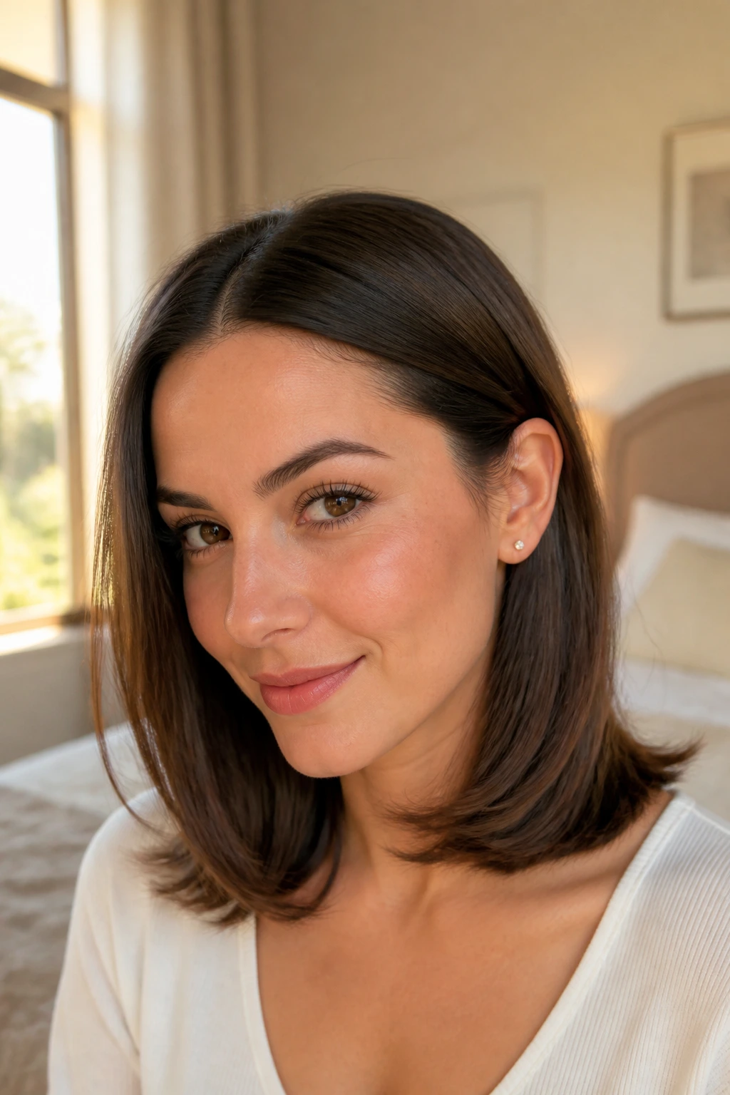 Close-up portrait of a real woman with tucked-behind-ears hairstyle and polished ends, hair filling the frame.