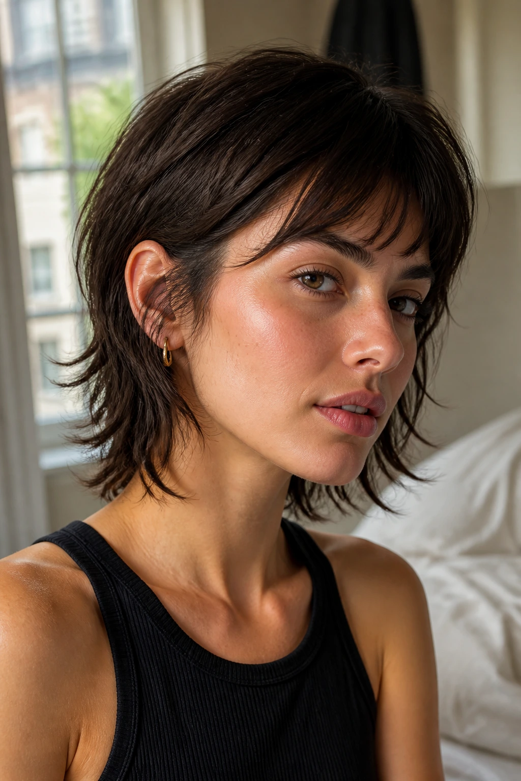 Close-up portrait of a real woman with the tucked-behind-ears shag tucked behind the ear