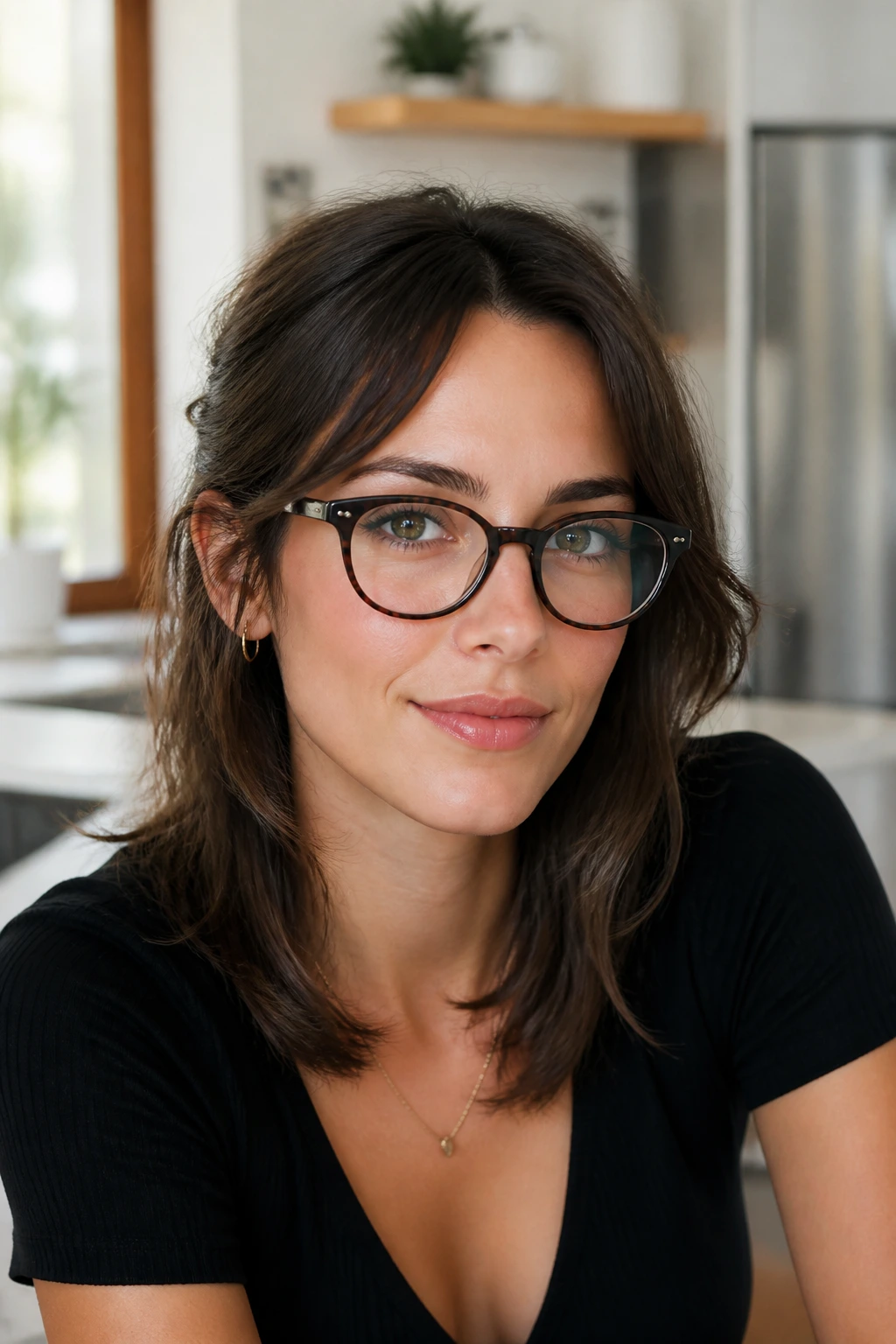Real woman with tucked-behind-ears shag in everyday wear