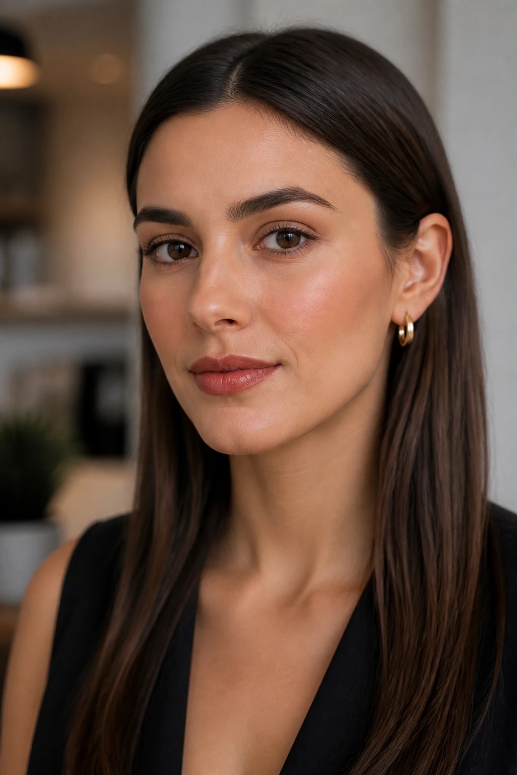 Portrait of a real woman with hair tucked behind the ears and smooth front pieces.