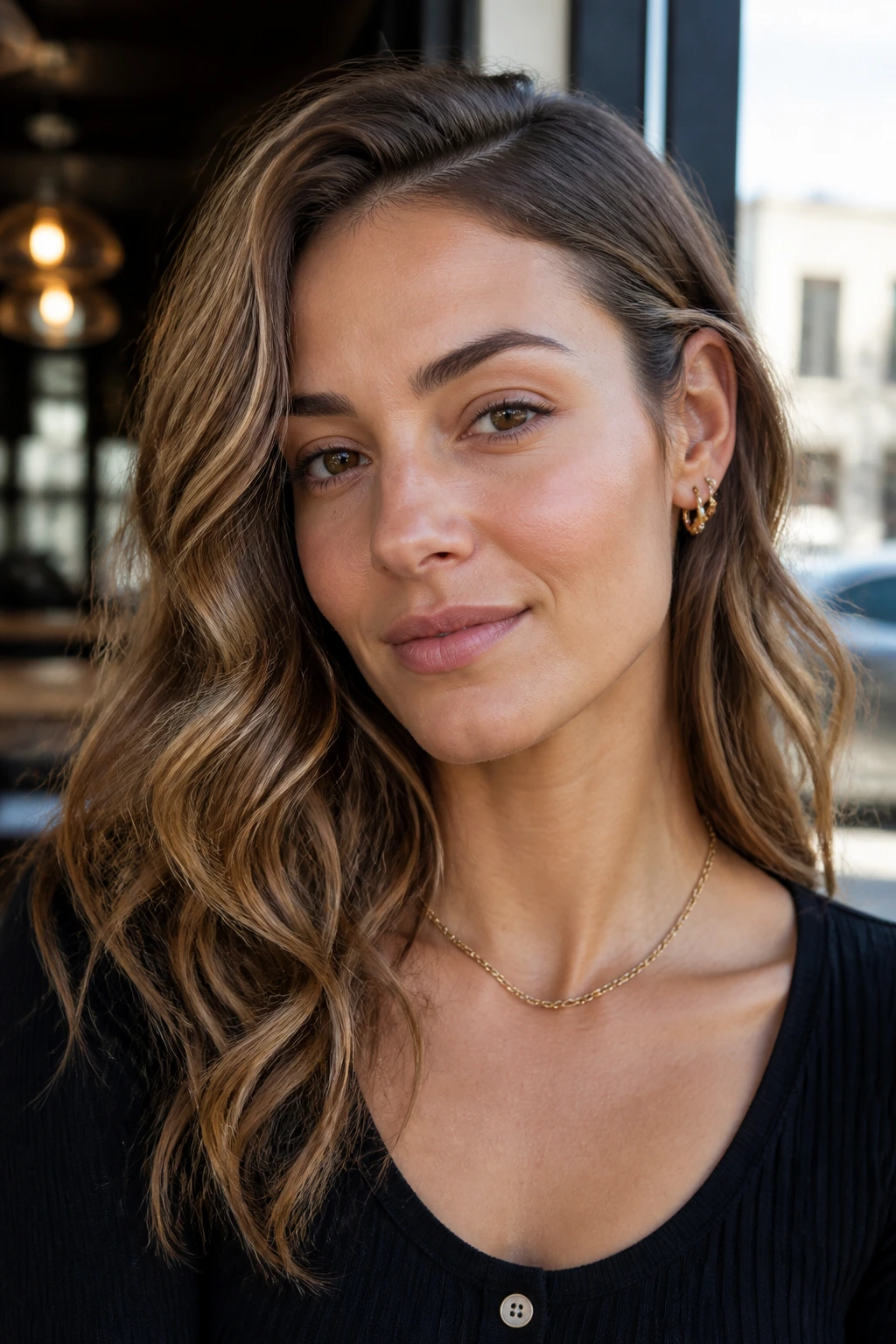 Close-up of a real woman with one side tucked behind the ear to create a tucked-behind-ear wave.