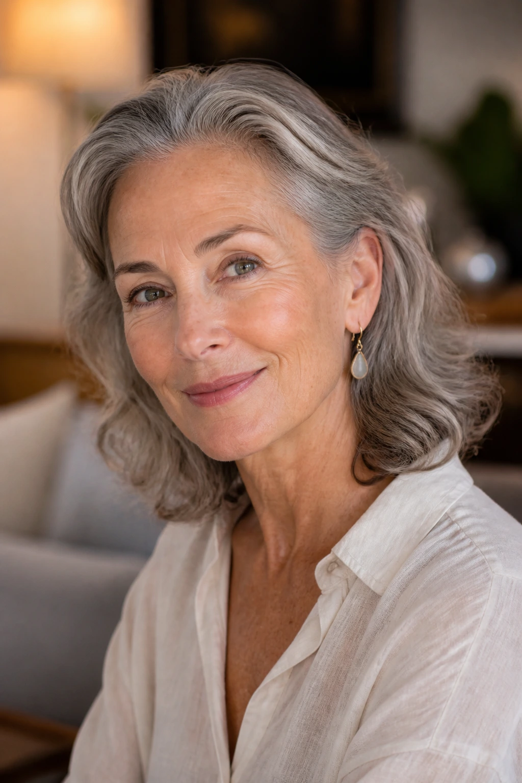 Portrait of a woman with waves tucked behind her ears highlighting cheekbones
