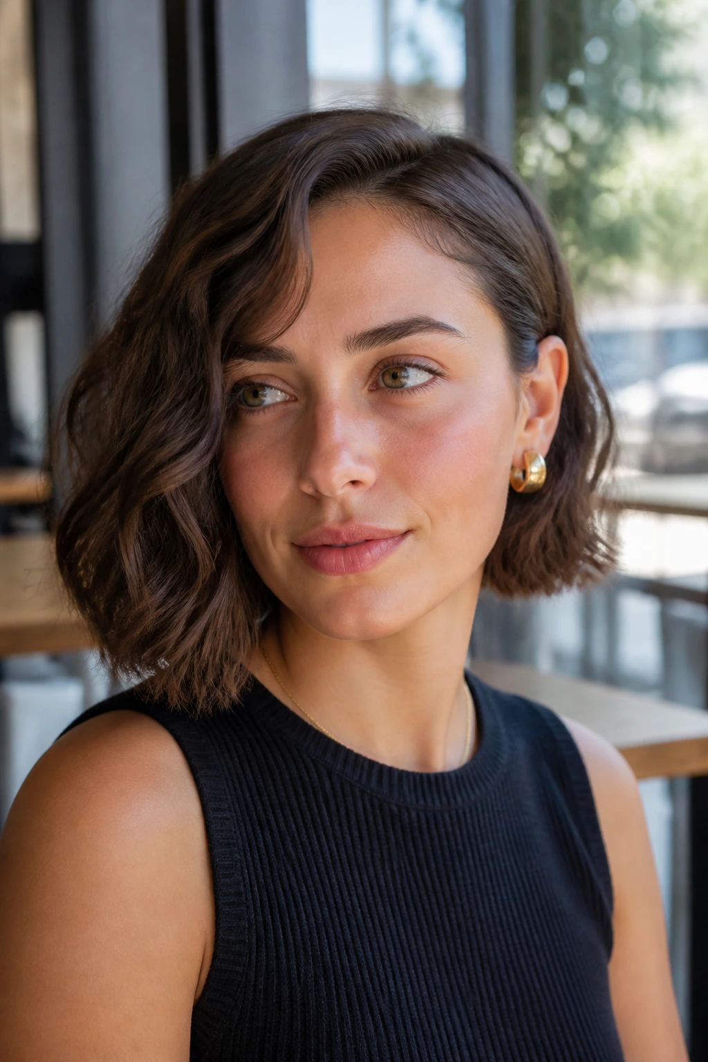 Portrait of a real person with one side tucked behind the ear in a wavy bob