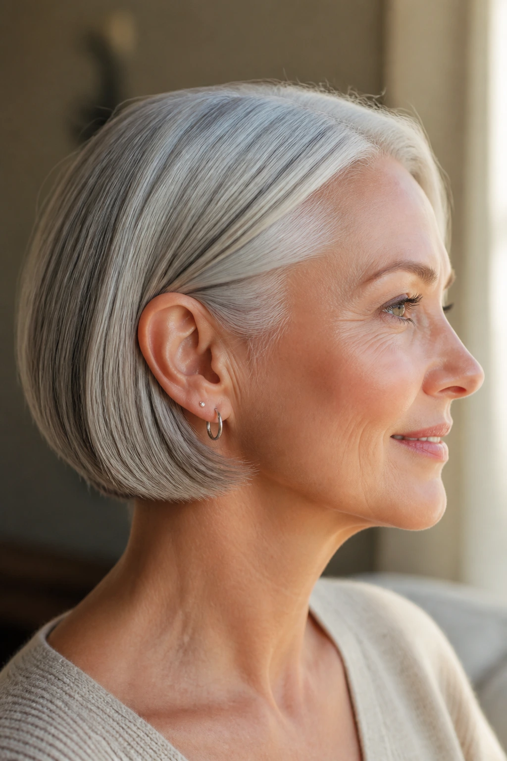 Profile portrait of a person with tucked-behind-the-ear bob in silver hair