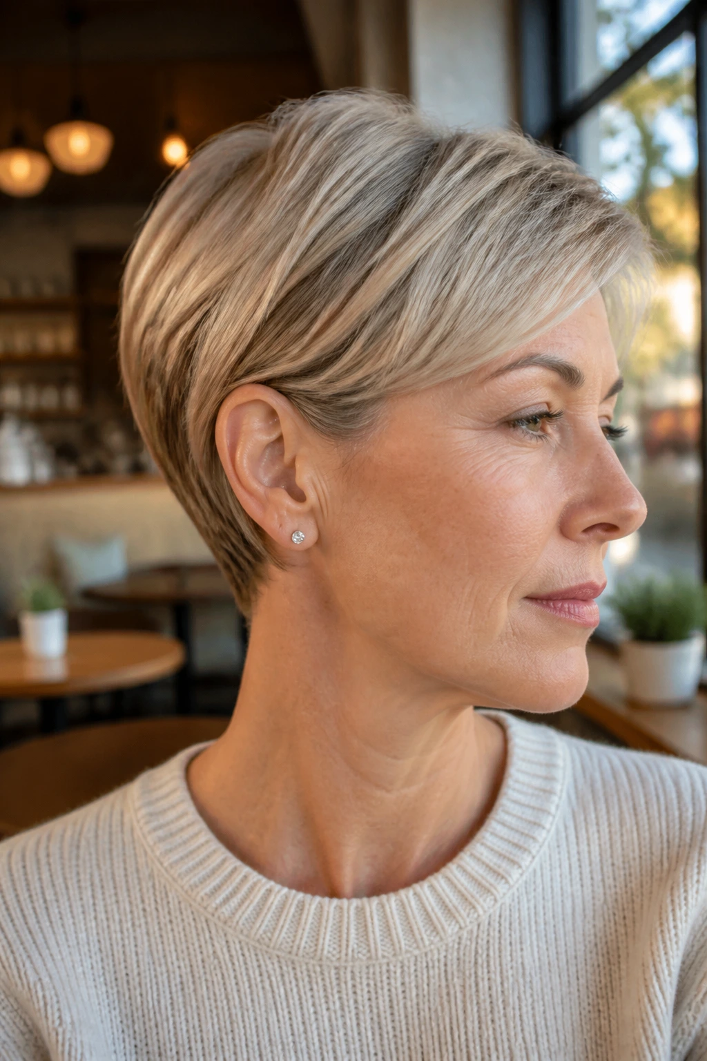 Real woman with tucked-behind-the-ear crop in a cafe setting