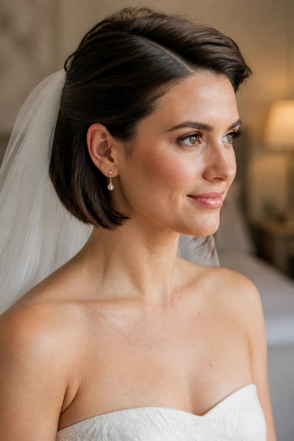 Close-up of a real bride showing a tucked bob with crown volume