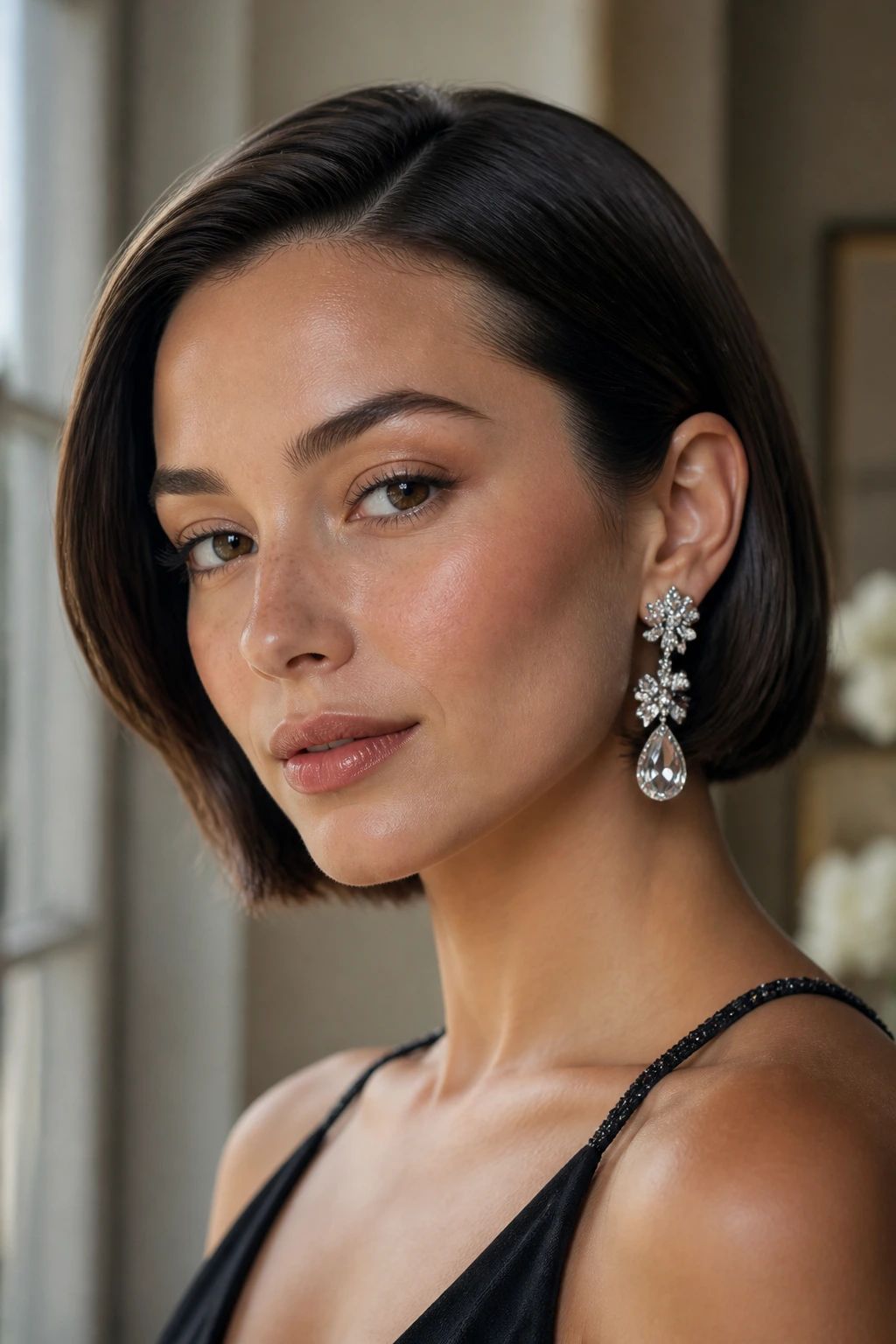 Close-up of a sleek tucked bob with bold earrings in soft window light
