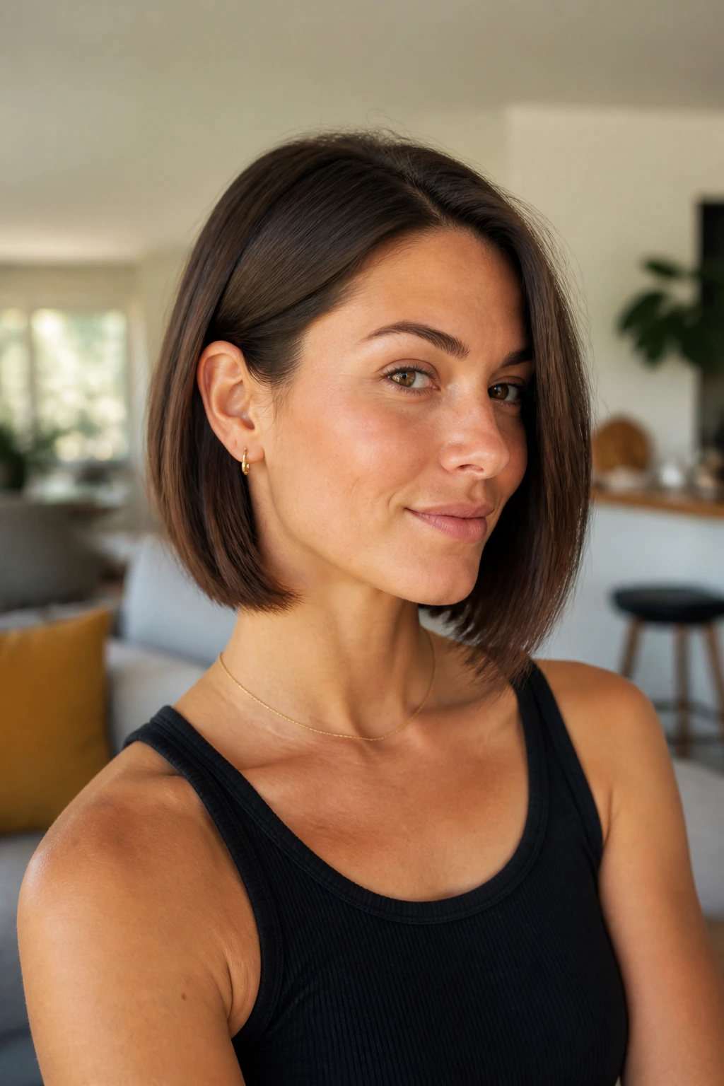 Portrait of a real woman with a bob tucked behind one ear showing her jawline
