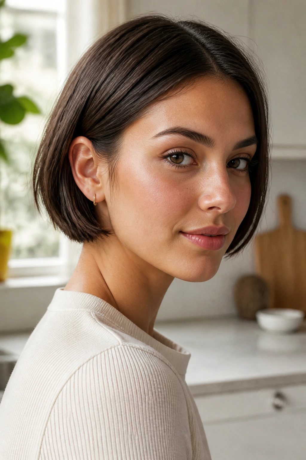 Close-up of a real woman with tucked bob tucked behind ears