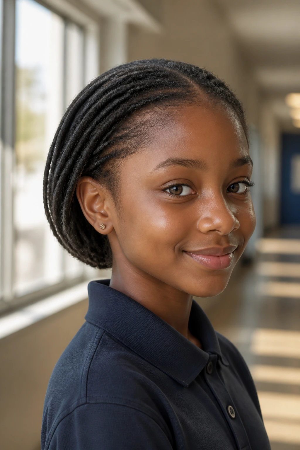 Close-up of a real child with tucked-under locs forming a neat bob silhouette in a school hallway