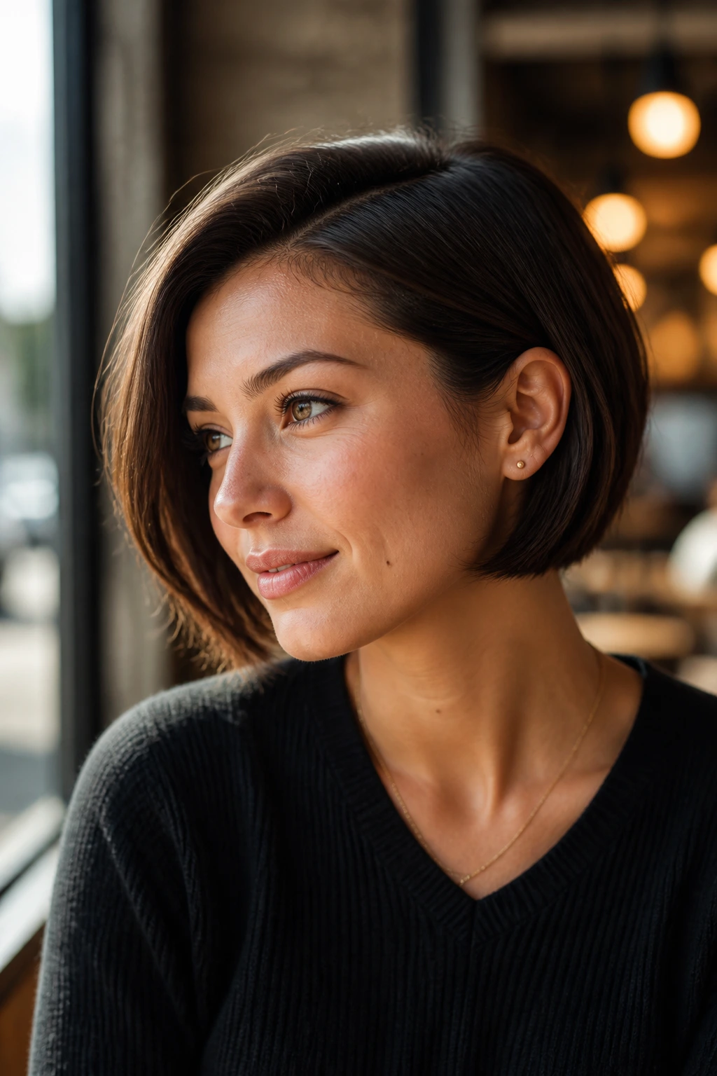Woman with tucked bob behind ear, side part, soft ends.