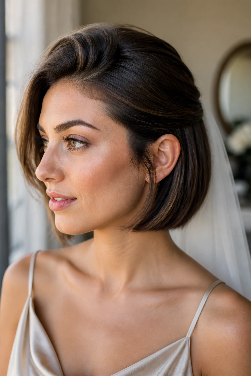 Close-up of a real woman with a tucked bob and veil-friendly lift