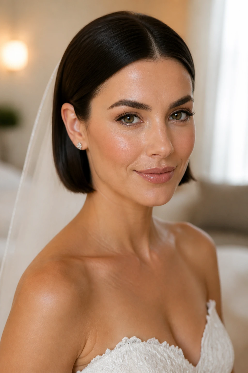 Bride with polished tucked bob behind the ears