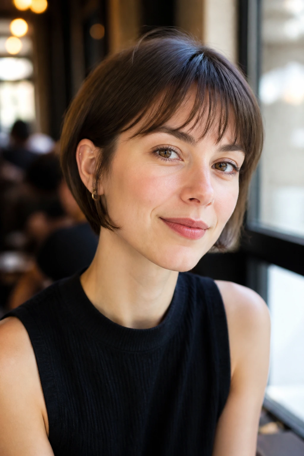Real woman with tucked bob and short wispy fringe, behind-the-ear styling.