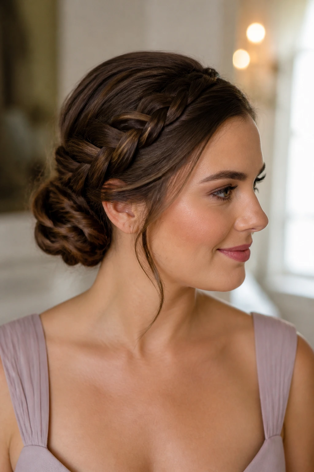 Close-up of a real woman with a tucked braided bun on shoulder-length hair in a softly lit bridal suite
