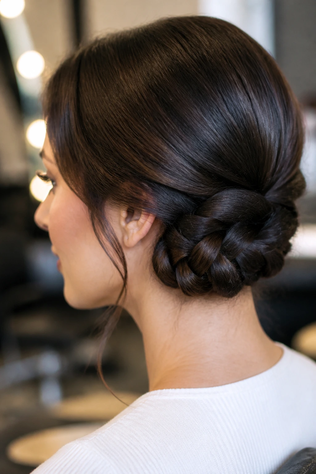 Close-up of a real woman with a tucked braided roll at the nape