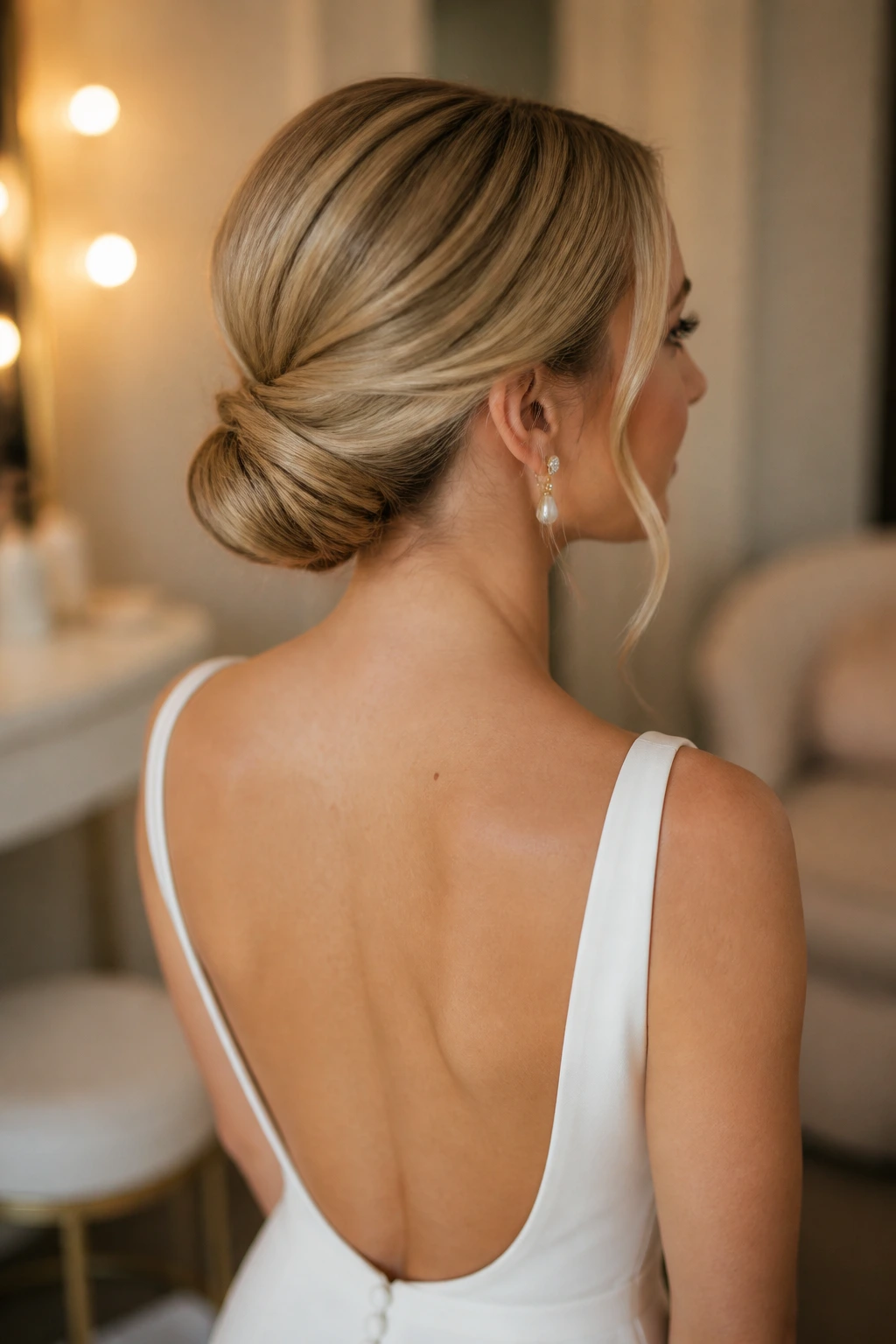 Close-up of a real bride's tucked bun at the nape with backless gown