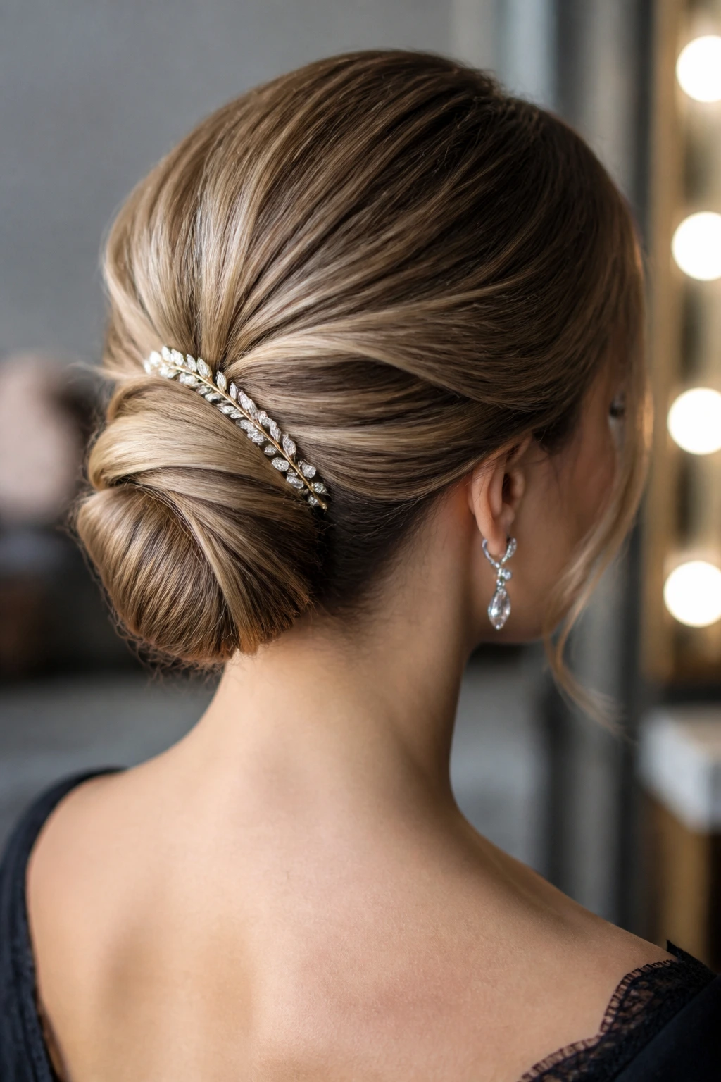 Real woman with a tucked chignon accented by a slim comb
