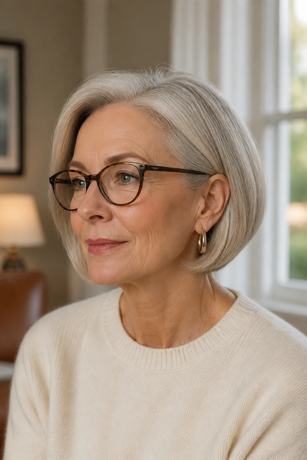 Medium close-up of a real woman with a tucked chin bob wearing hair tucked behind ears