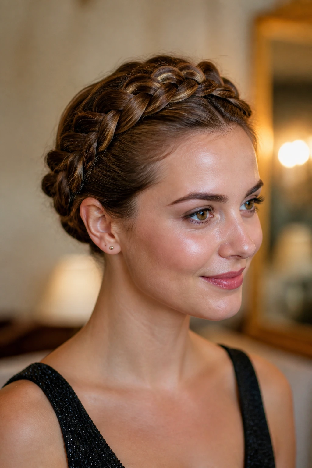 Close-up of a real woman with a crown braid around the head and tucked ends.