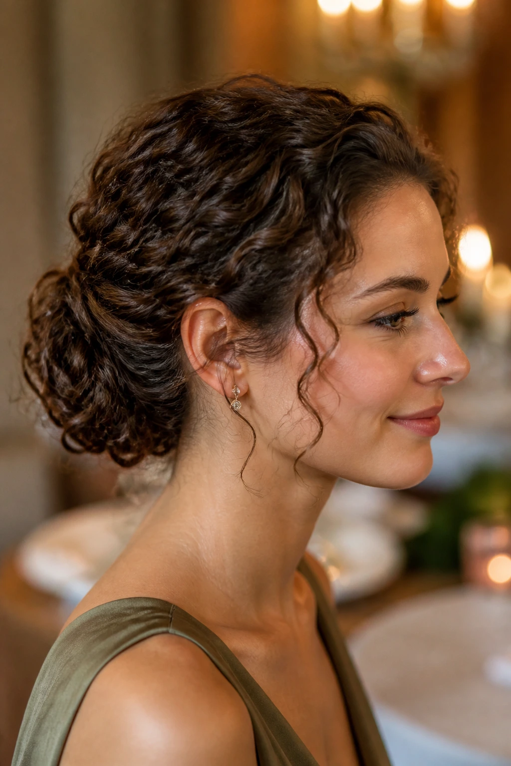 Close-up portrait of a real person with a tucked curly chignon hairstyle.