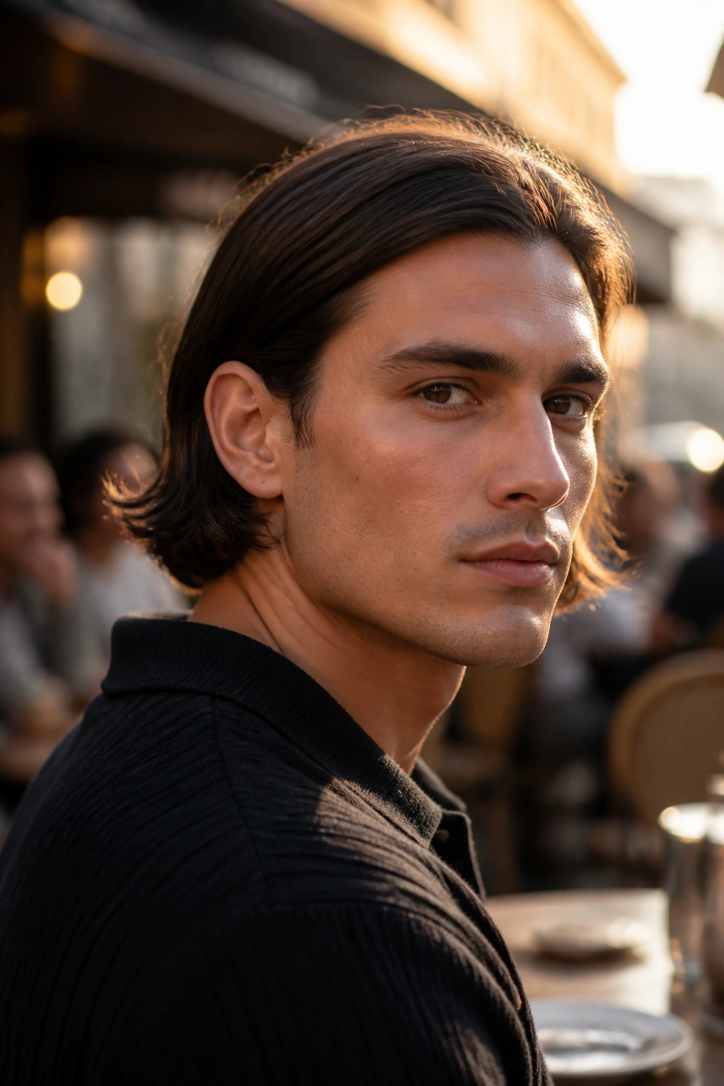 Portrait of man with tucked-behind-ear bob in warm outdoor light