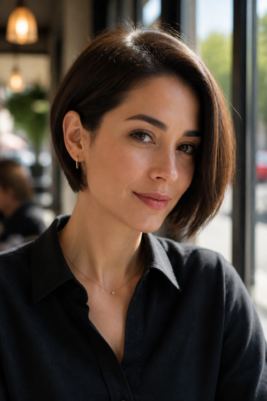 Close-up of a real woman with a tucked-behind-ear bob showing one tucked side and one fuller side, in cafe light