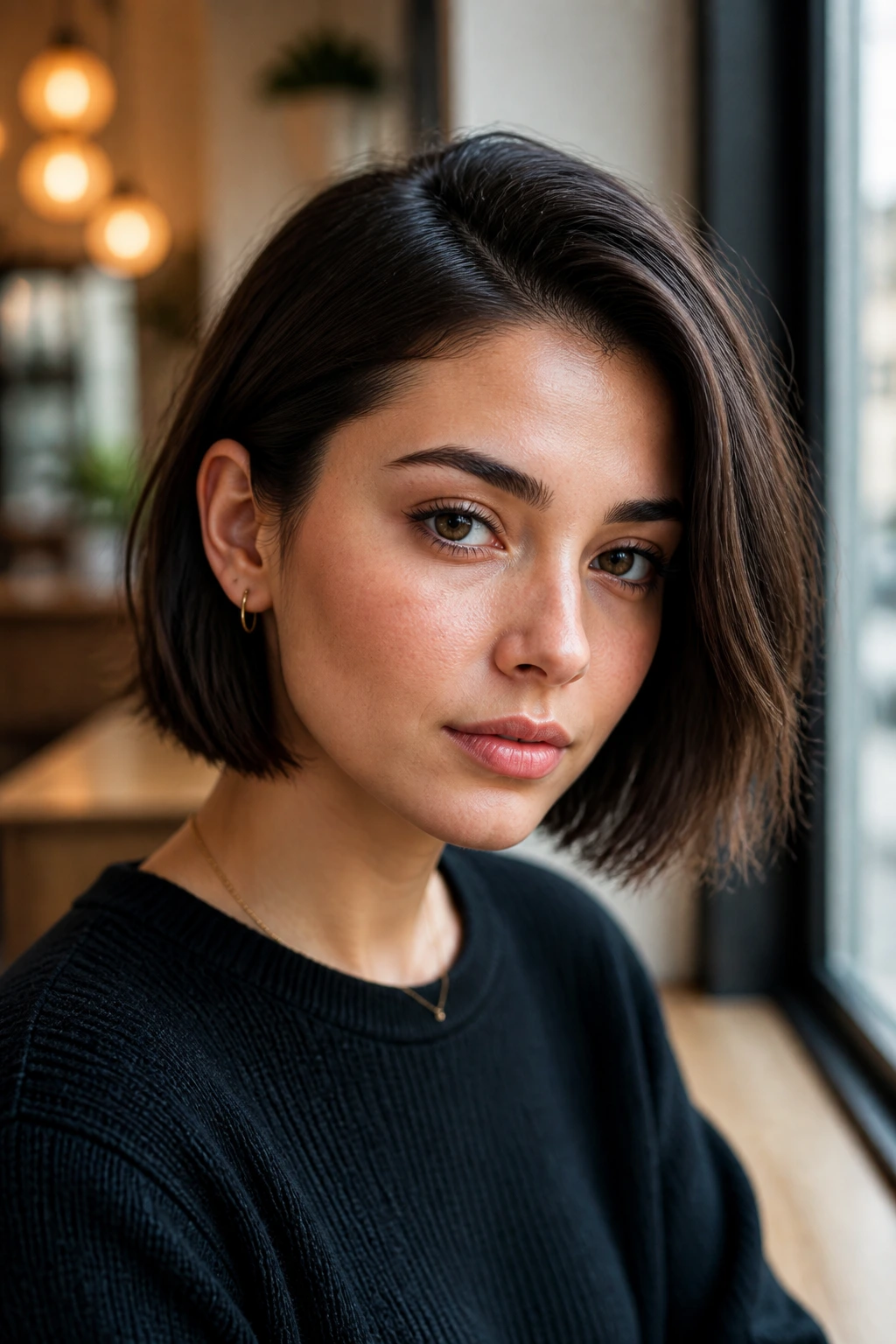Close-up portrait of a woman with a chin-length tucked-ear bob under warm cafe lighting
