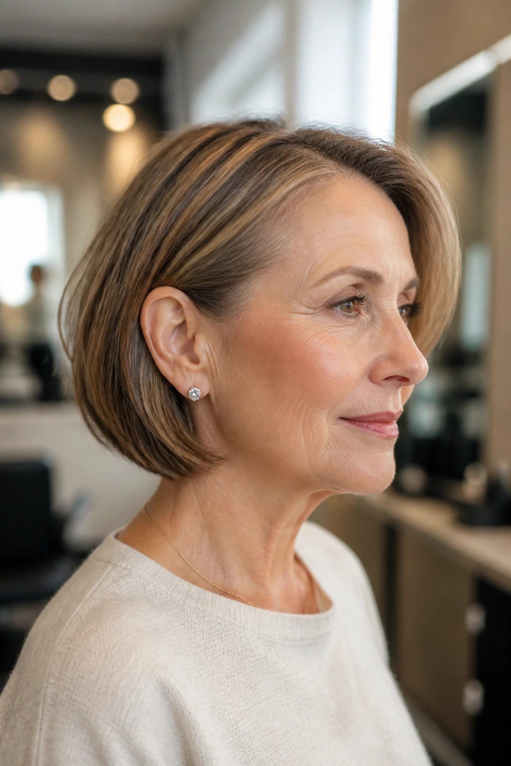 Portrait of a woman with a tucked-behind-the-ear bob and clean edges in warm light