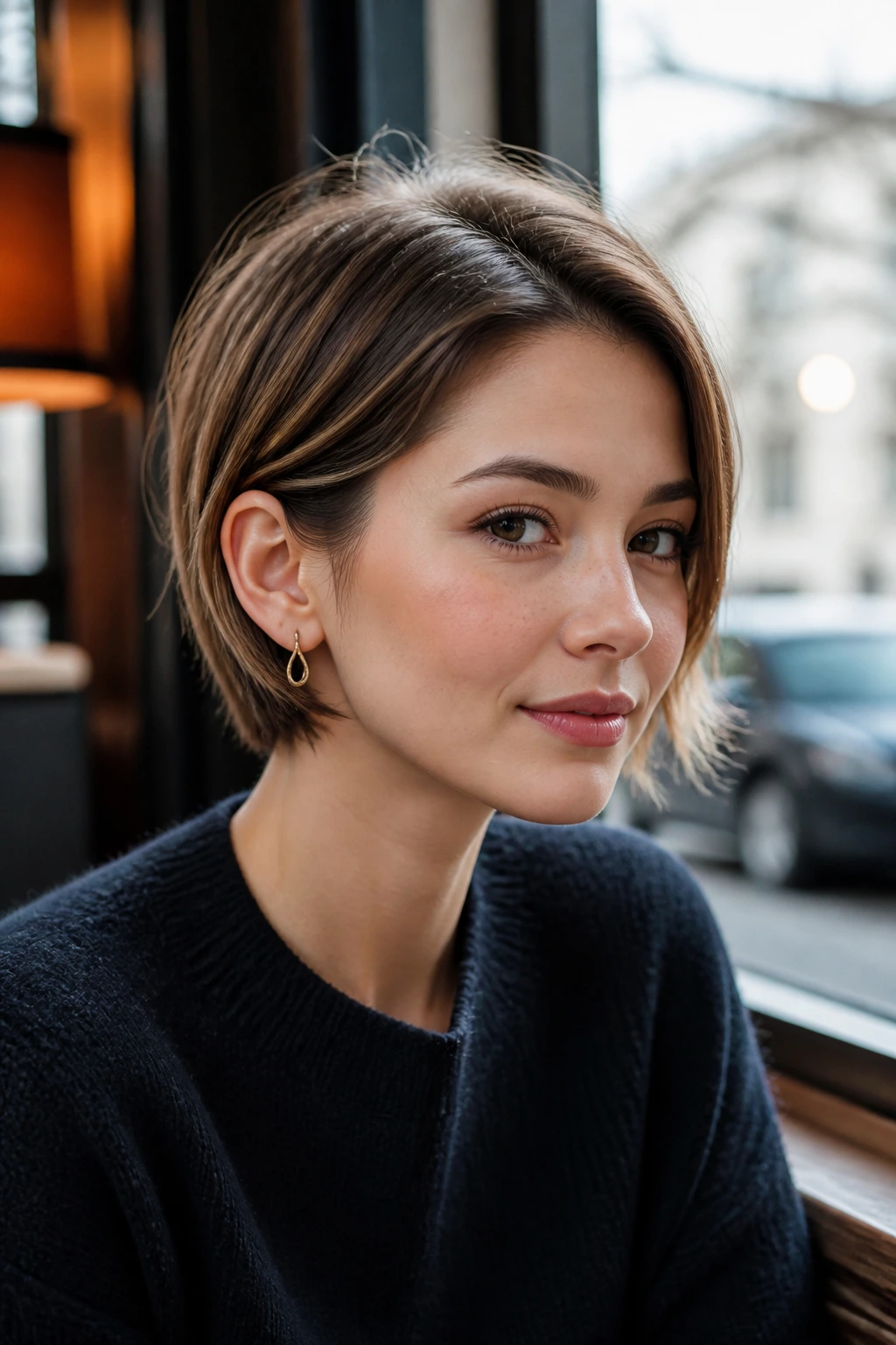 Woman with tucked-ear pixie bob at a cafe window