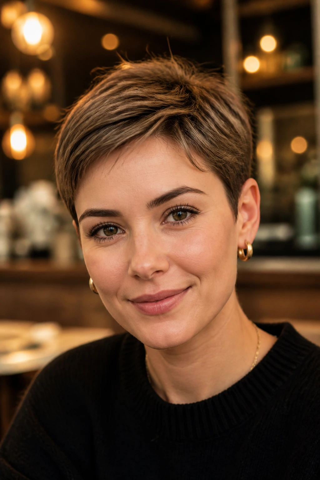 Close-up portrait of a real woman with tucked-ear minimal pixie hairstyle