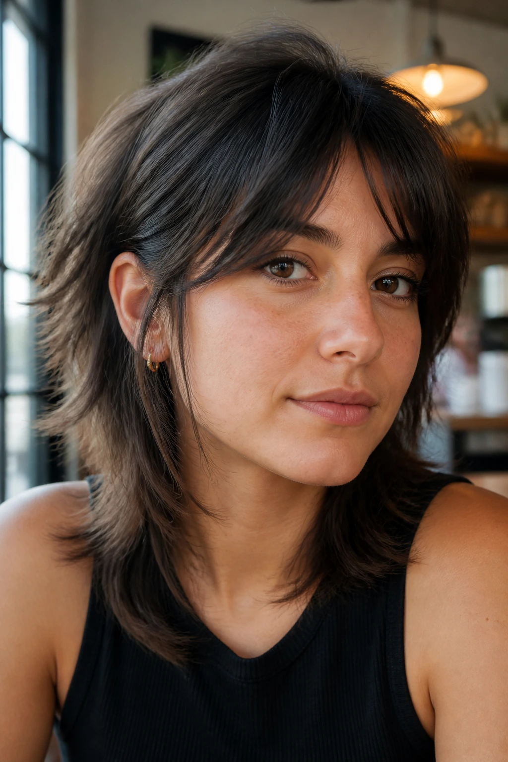 Portrait of a person with a tucked-behind-ear shag in a casual cafe