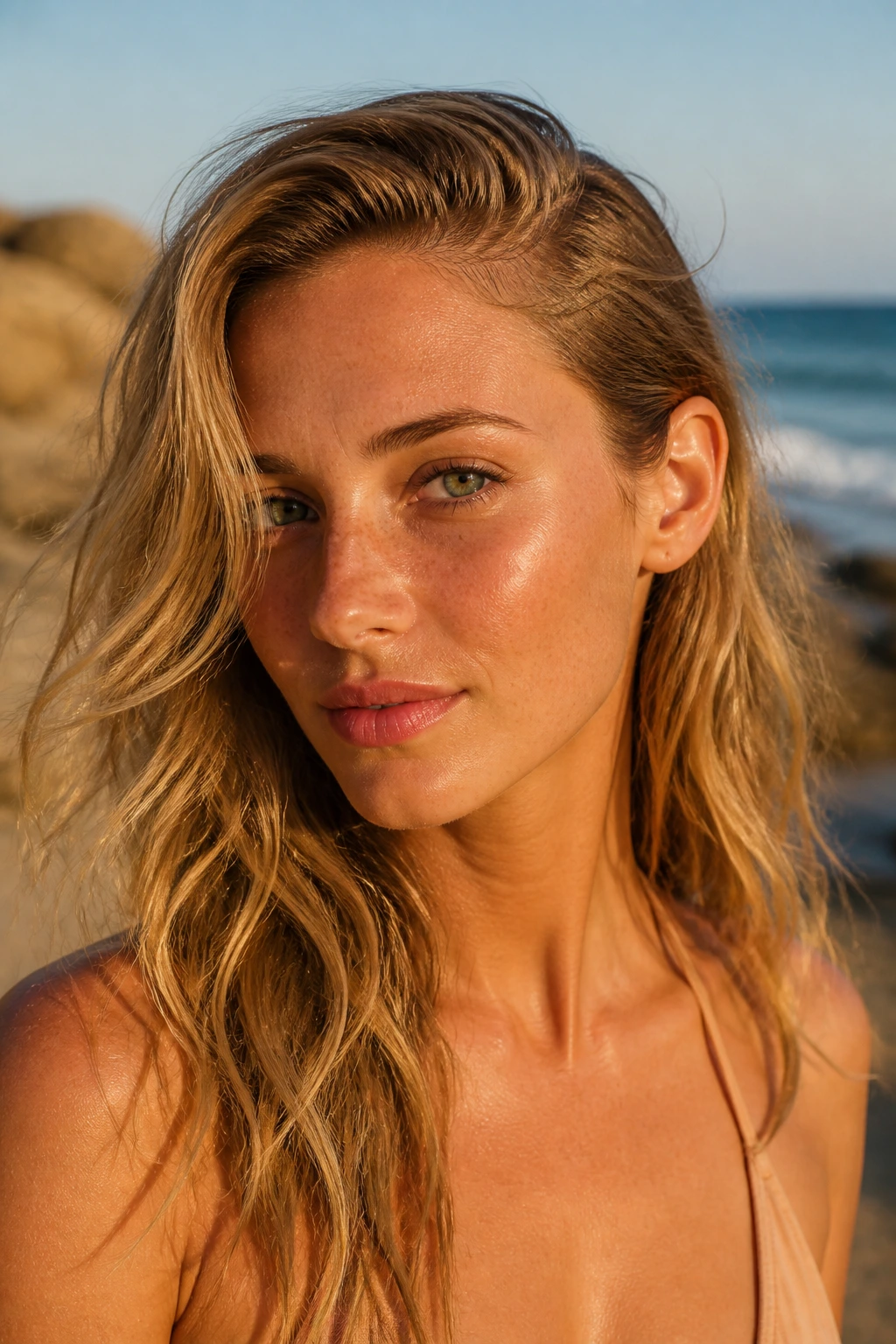 Close-up portrait of a real woman with tucked-behind-the-ear beach waves