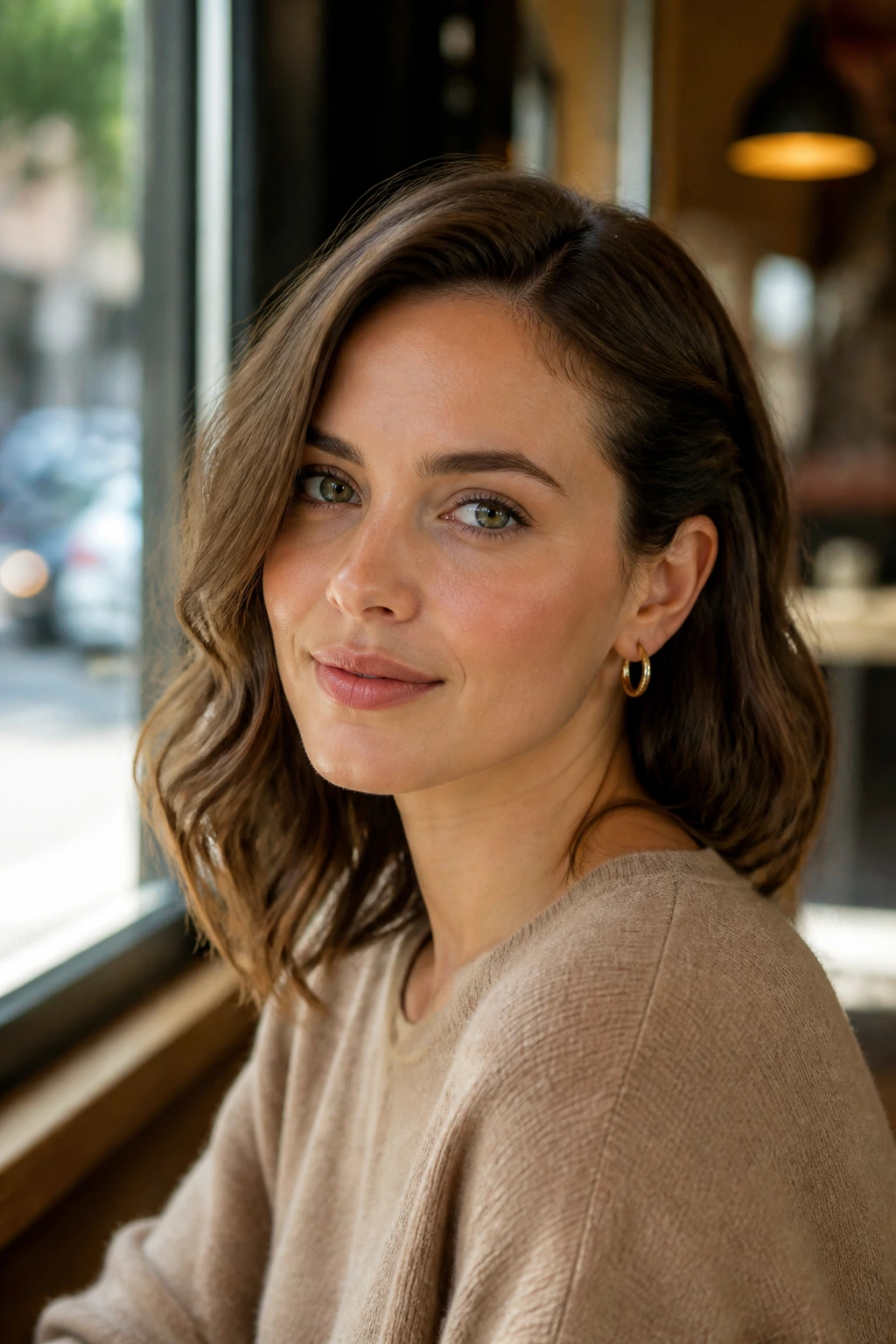 Close-up of a real person with waves tucked behind one ear in a sunlit cafe setting