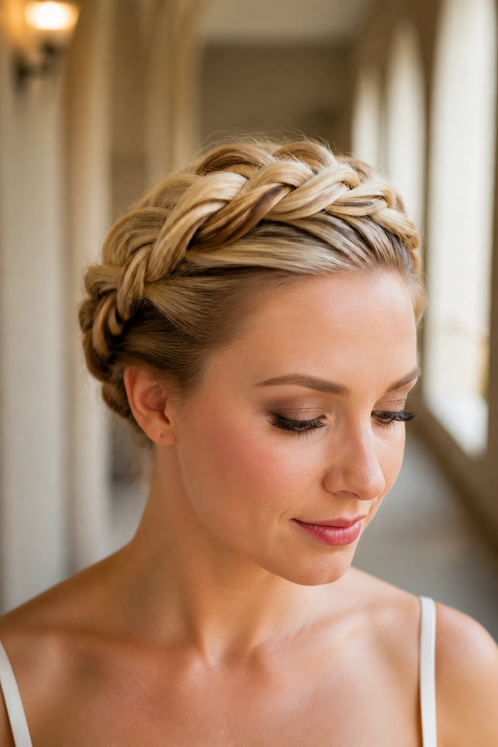 Close-up of a real woman showing a crown braid with tucked-in end ends hidden under pins.