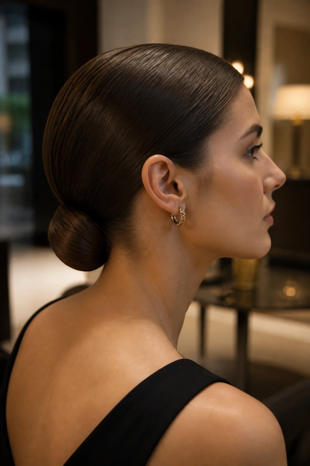 Close-up of a woman with a tucked-end low ponytail.
