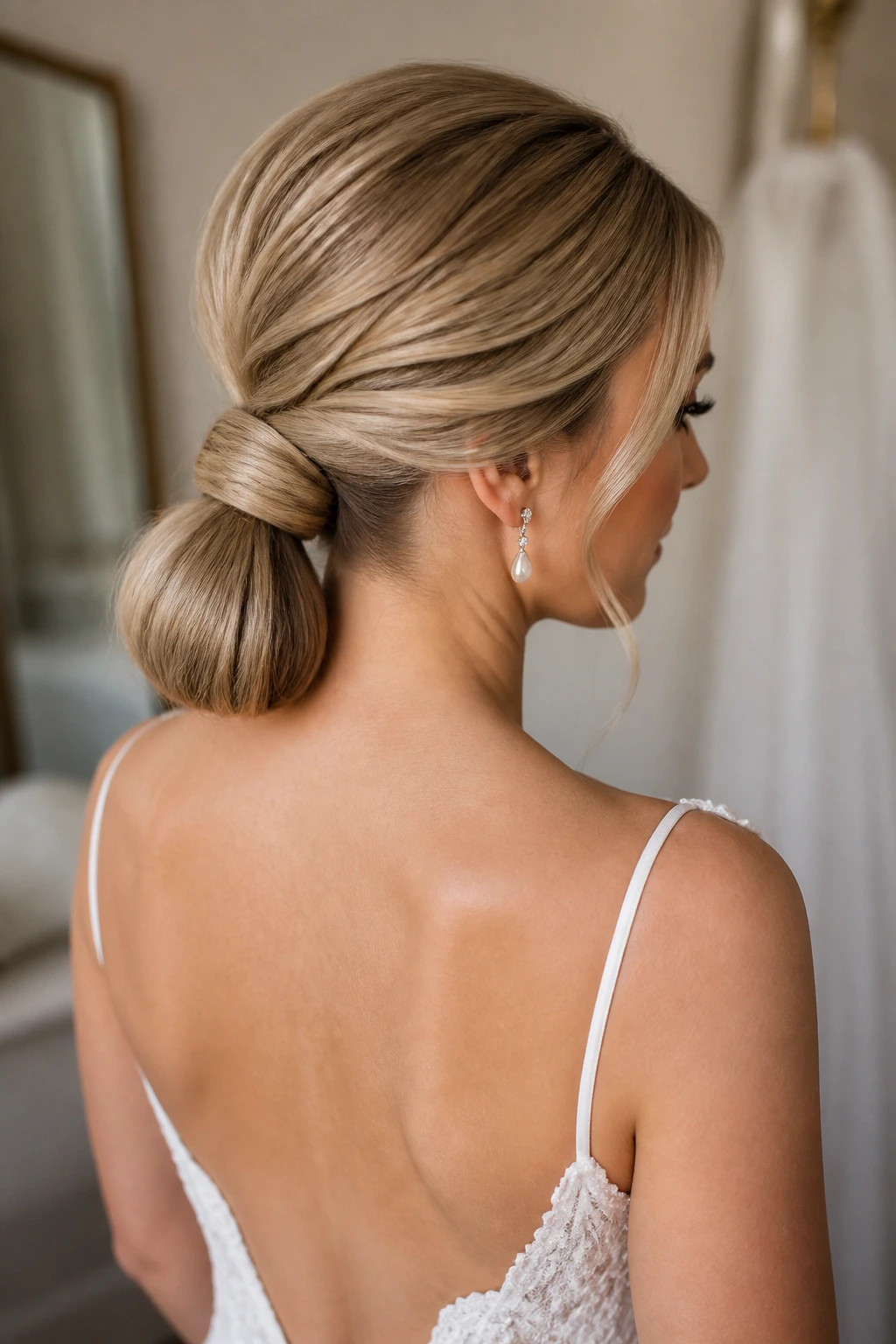 Bride's low ponytail with tucked ends forming a soft roll