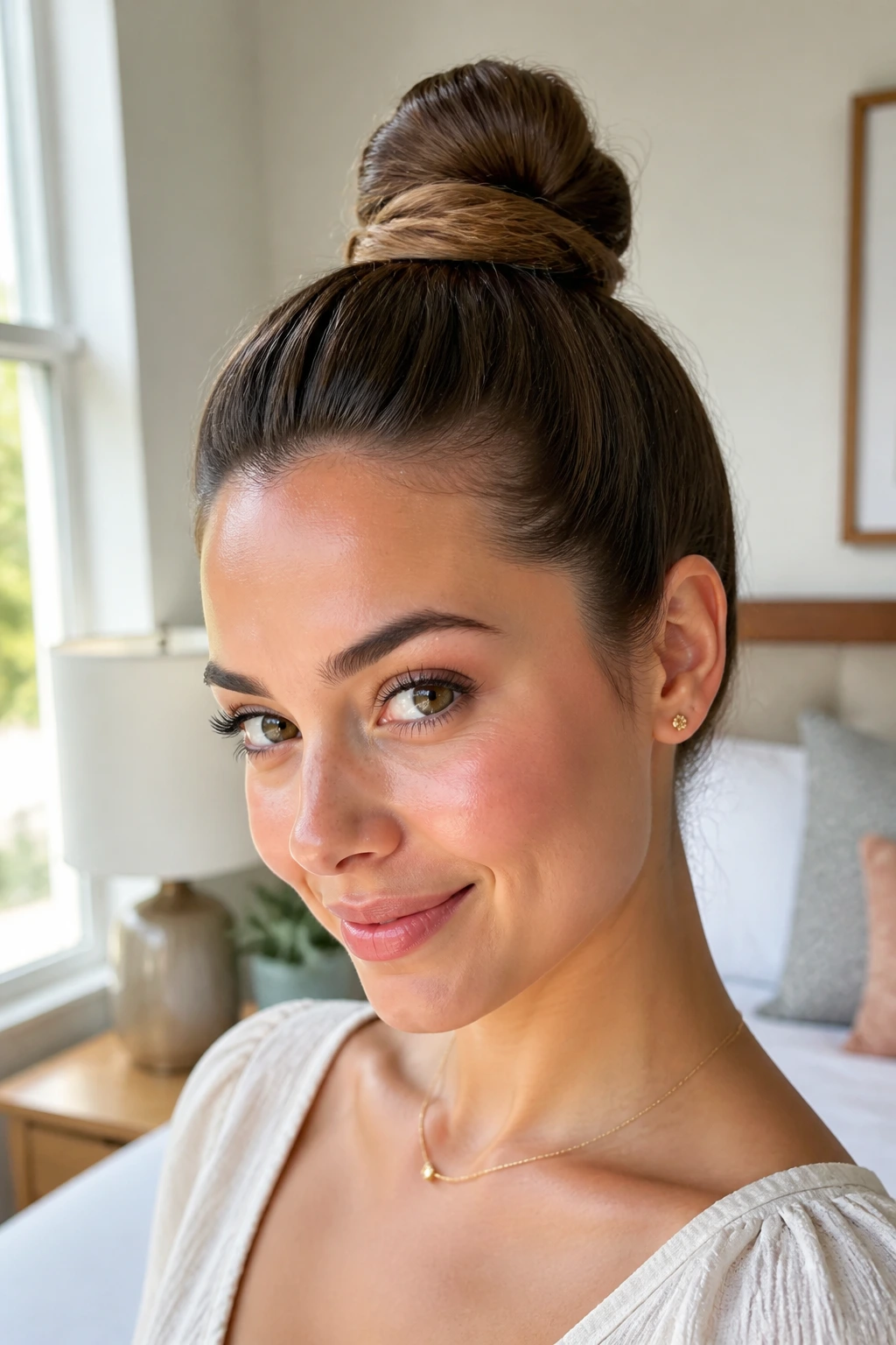 Close-up of a real woman with a tucked-ends topknot, pins hidden