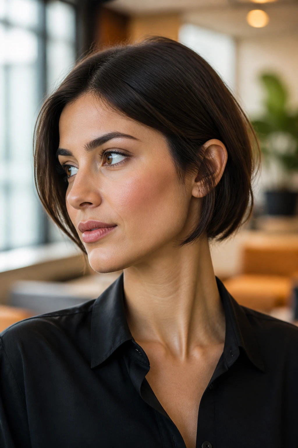 Close-up portrait of a woman with tucked faux bob in a work setting