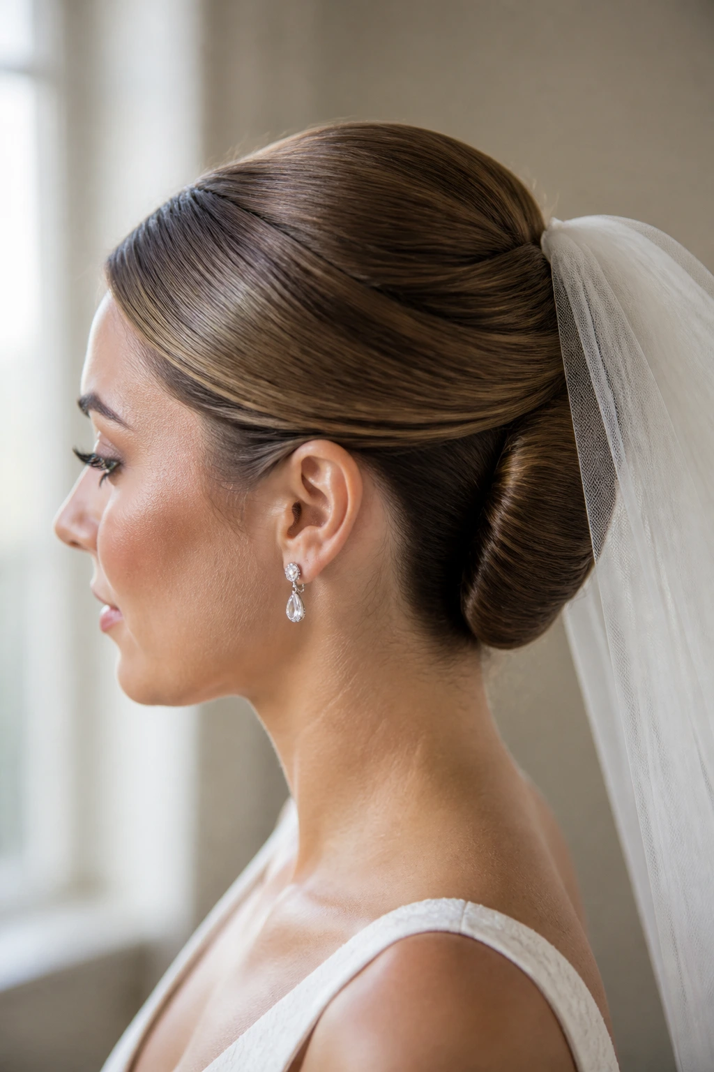 Bride with tucked French twist and sharp finish