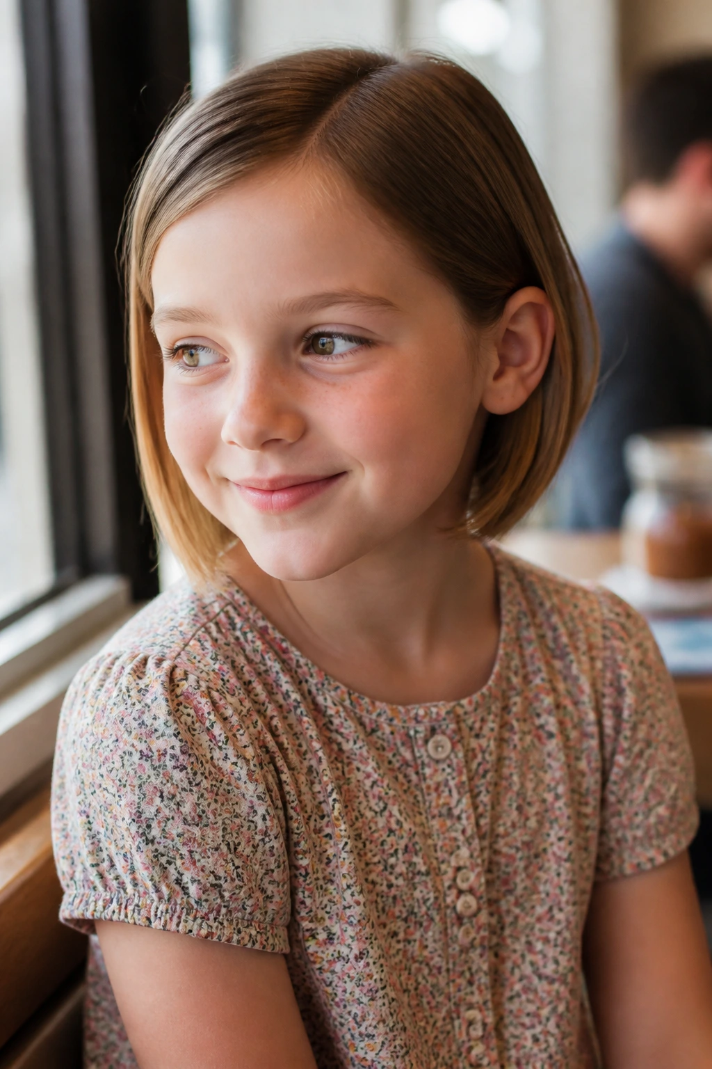 Child with tucked-front angled bob in cozy setting